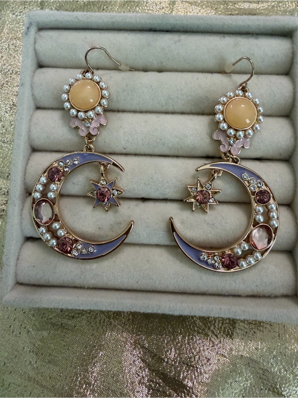 Moon & Star Pink Pearl Drop Earrings